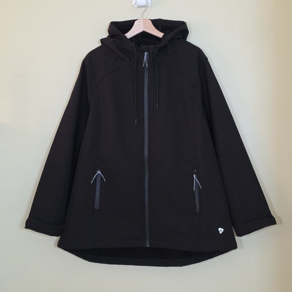 Active Zone Jacket Womens 1X Black Softshell Zip LS Fleece Inside Pockets Hood - Picture 1 of 16